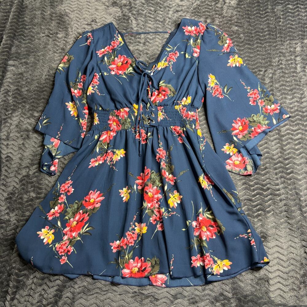 Bailey Blue Women's A-Line Dress Navy Lace Up V-Neck Size Large